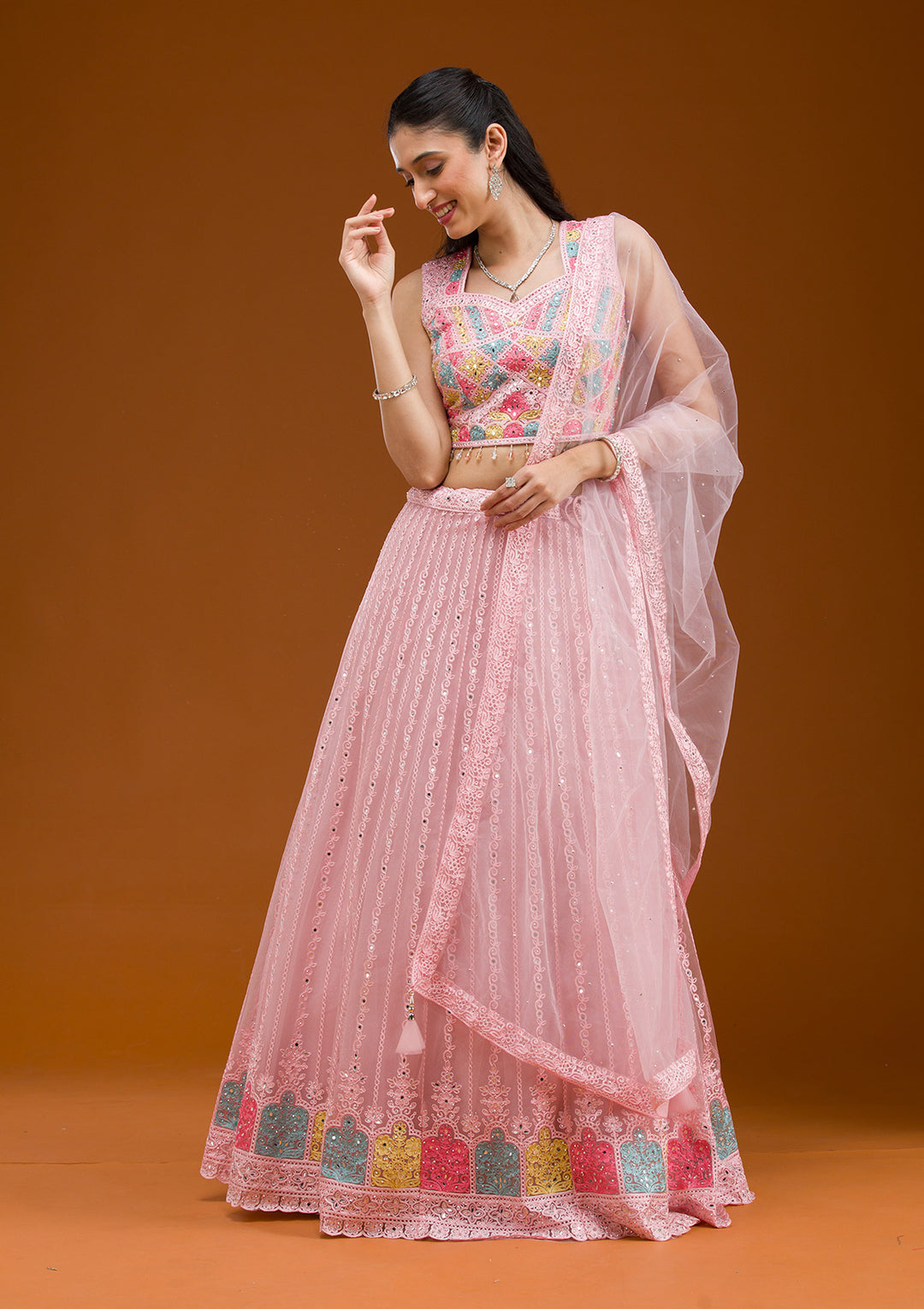 Baby Pink Threadwork Net Readymade Lehenga
