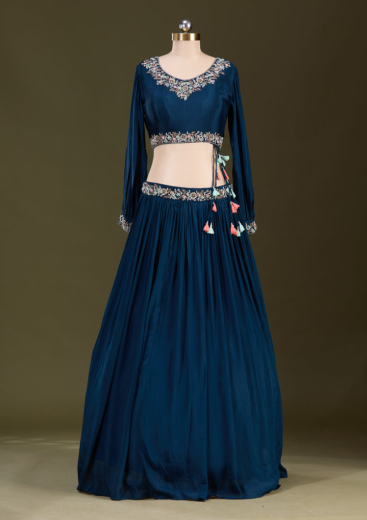 Peacock Blue Cutdana Georgette Readymade Lehenga