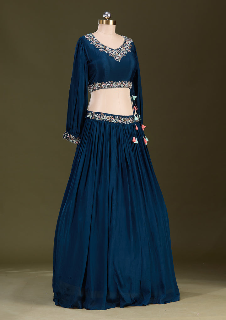 Peacock Blue Cutdana Georgette Readymade Lehenga