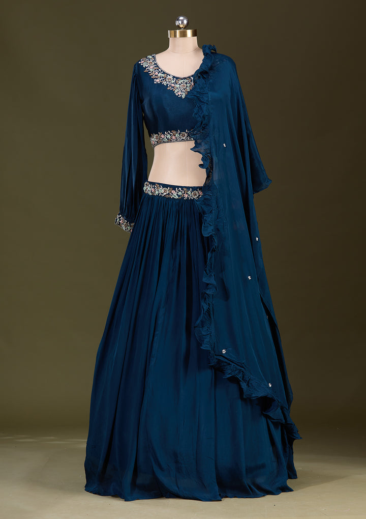 Peacock Blue Cutdana Georgette Readymade Lehenga
