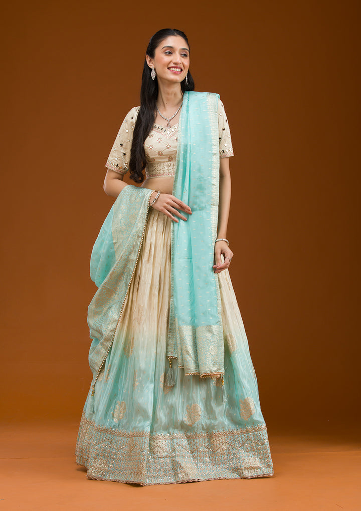 Off White Zariwork Banarasi Readymade Lehenga