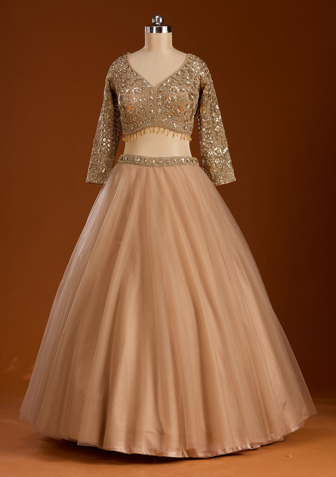 Beige Sequins Net Readymade Lehenga