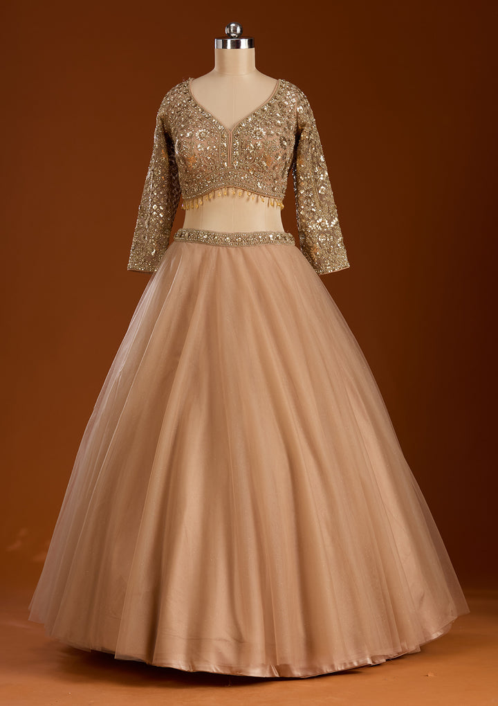 Beige Sequins Net Readymade Lehenga