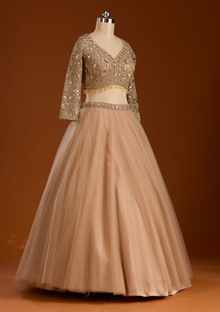 Beige Sequins Net Readymade Lehenga