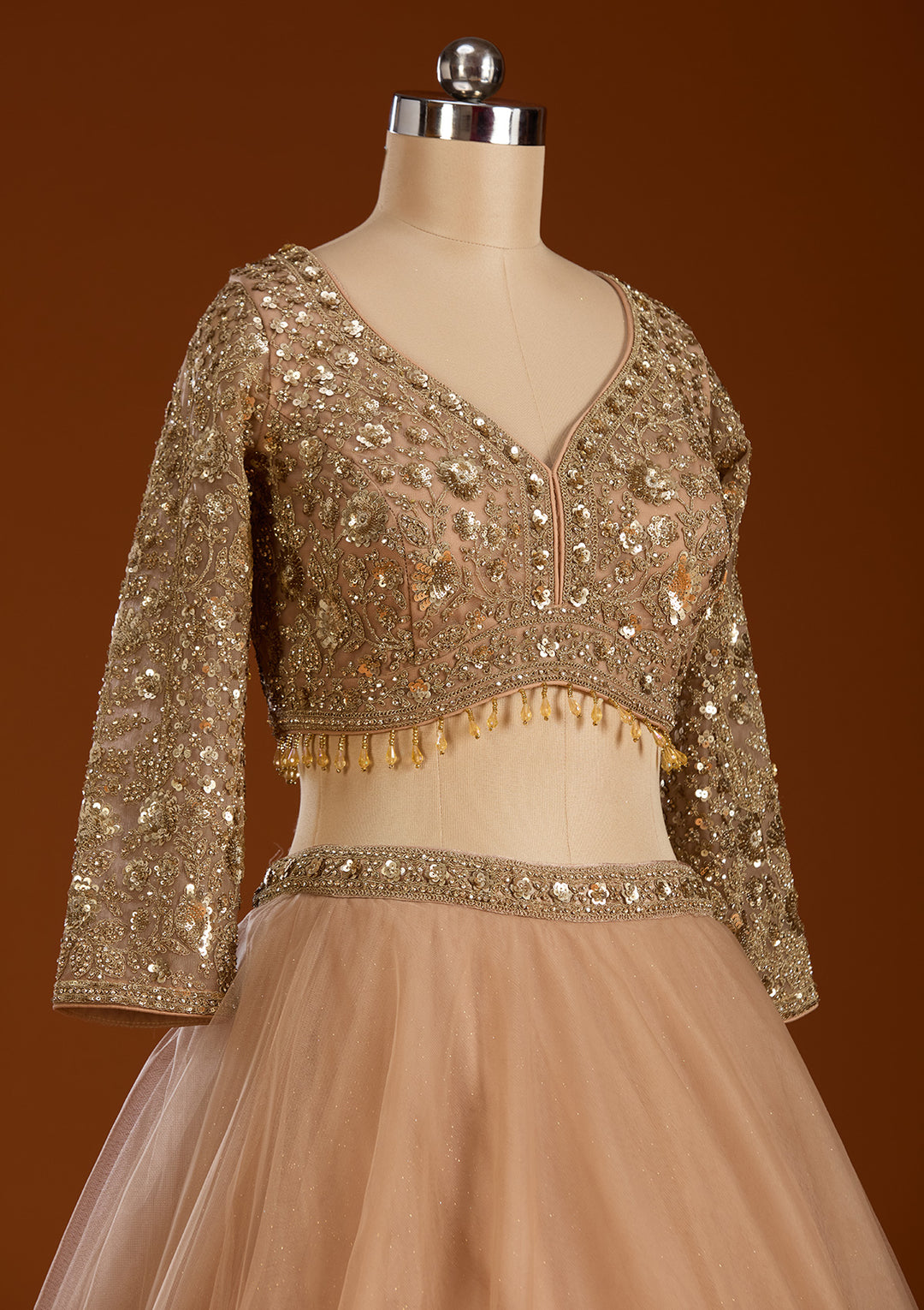Beige Sequins Net Readymade Lehenga