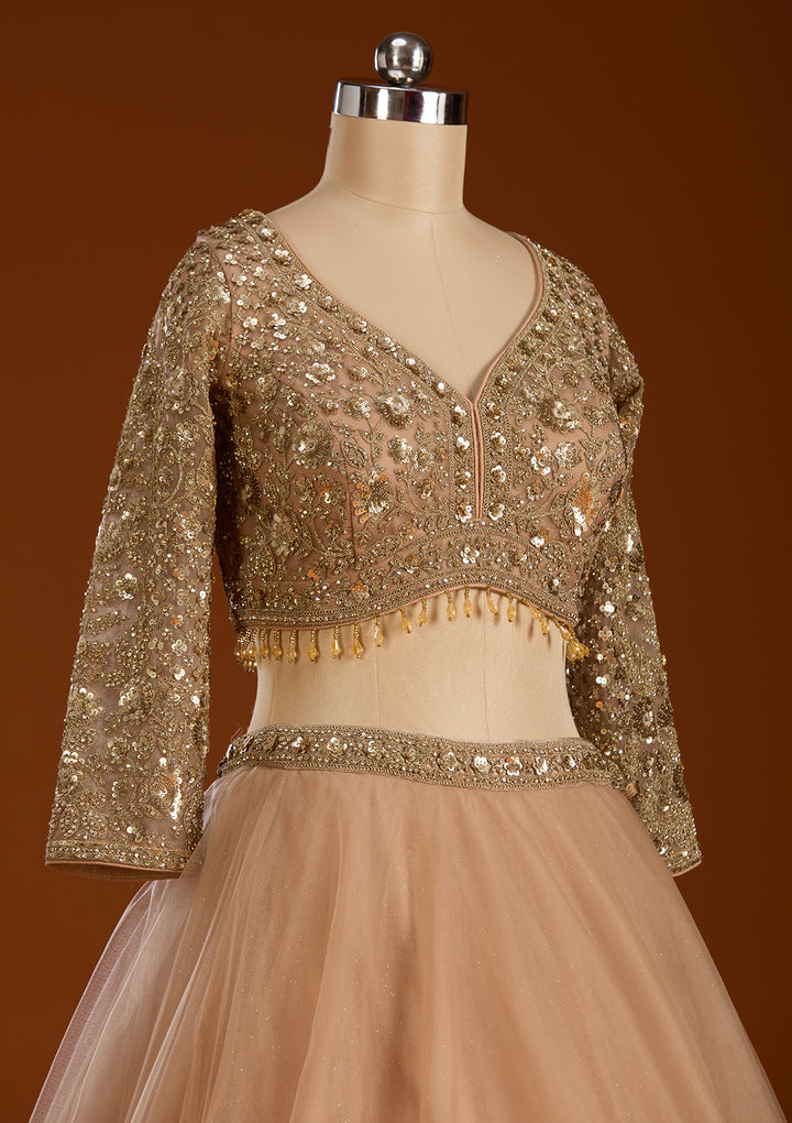 Beige Sequins Net Readymade Lehenga