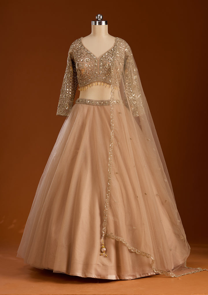 Beige Sequins Net Readymade Lehenga