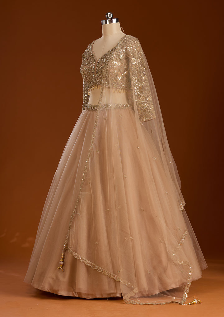 Beige Sequins Net Readymade Lehenga