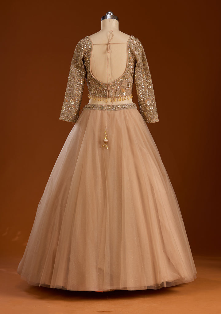 Beige Sequins Net Readymade Lehenga