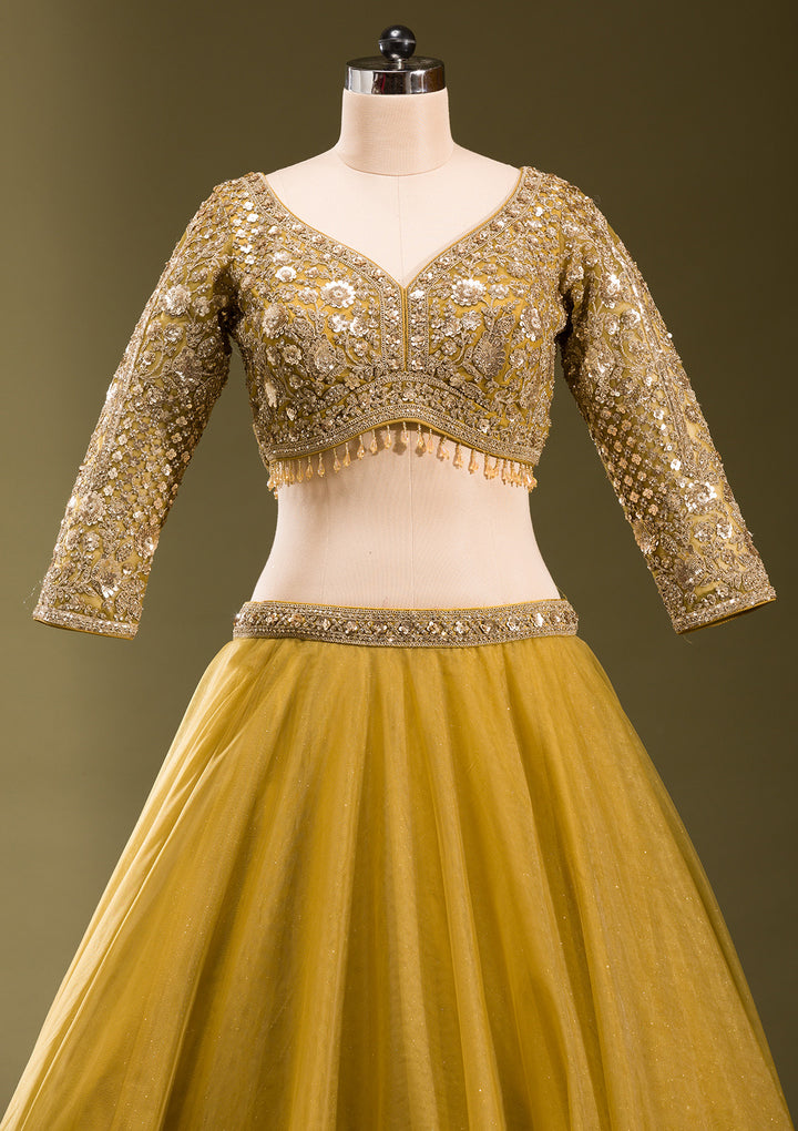 Mehendi Sequins Net Readymade Lehenga