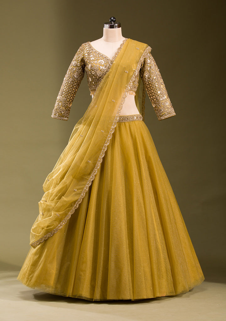 Mehendi Sequins Net Readymade Lehenga