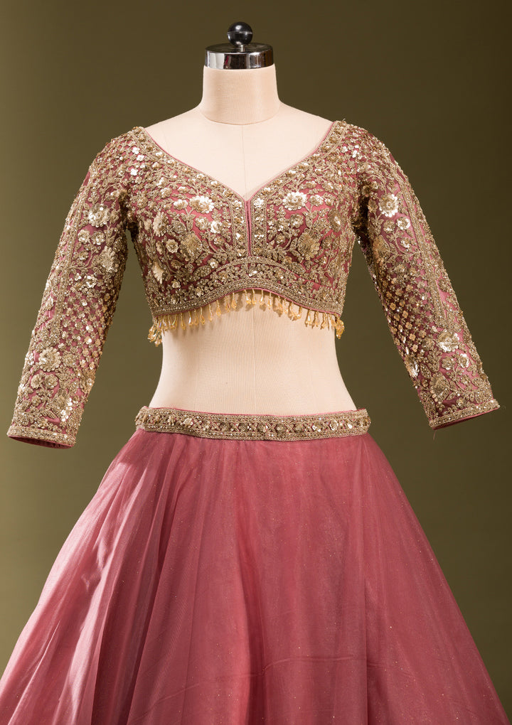 Onion Pink Sequins Net Readymade Lehenga