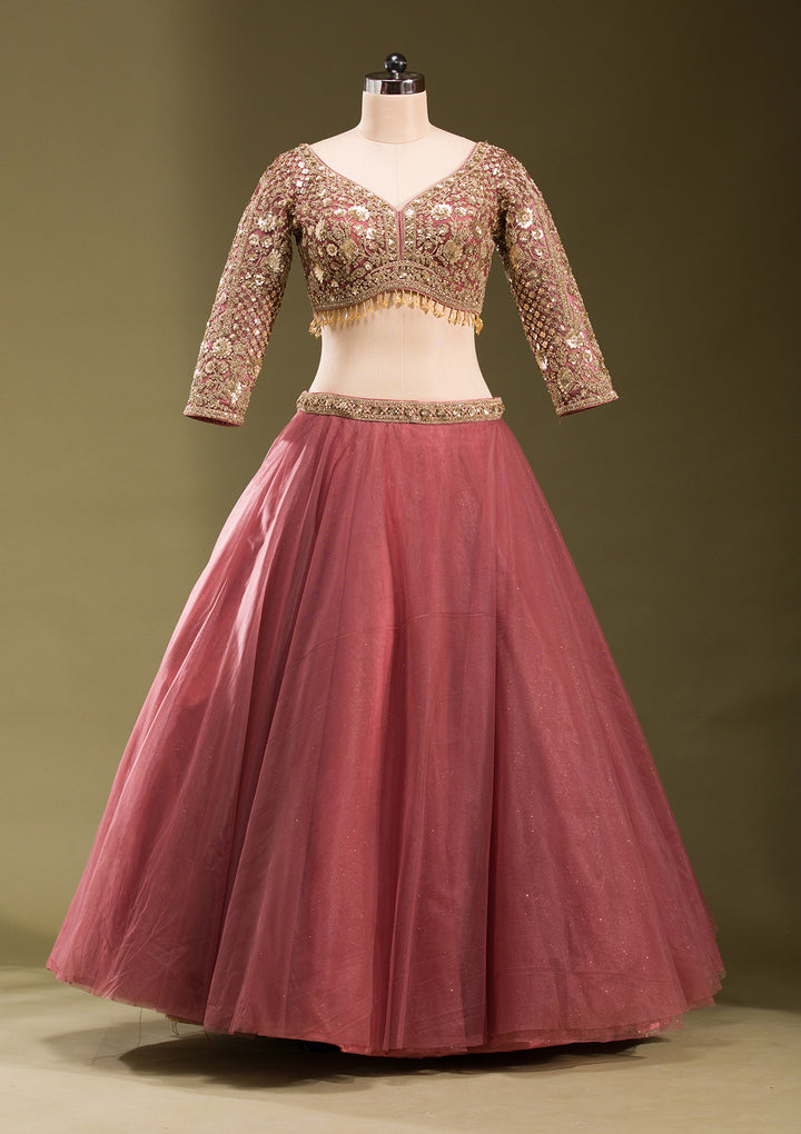 Onion Pink Sequins Net Readymade Lehenga