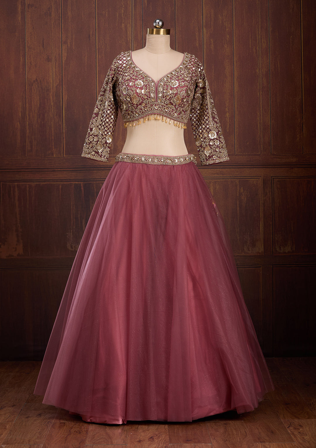 Onion Pink Sequins Net Readymade Lehenga