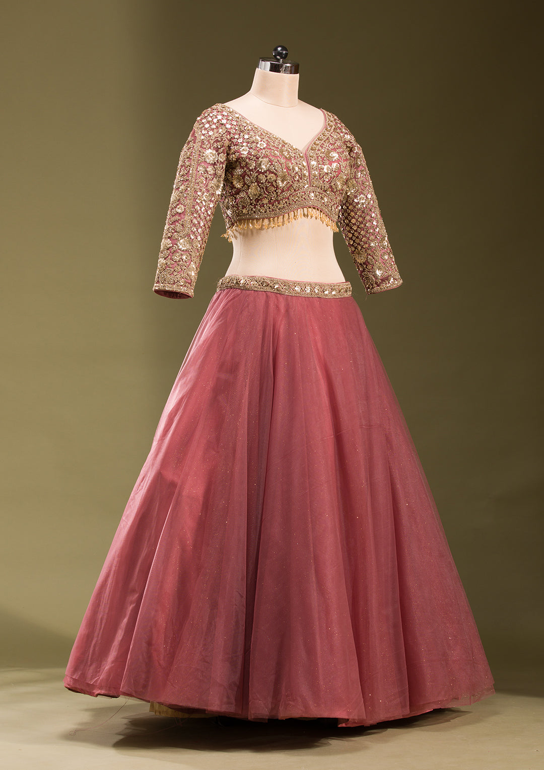 Onion Pink Sequins Net Readymade Lehenga
