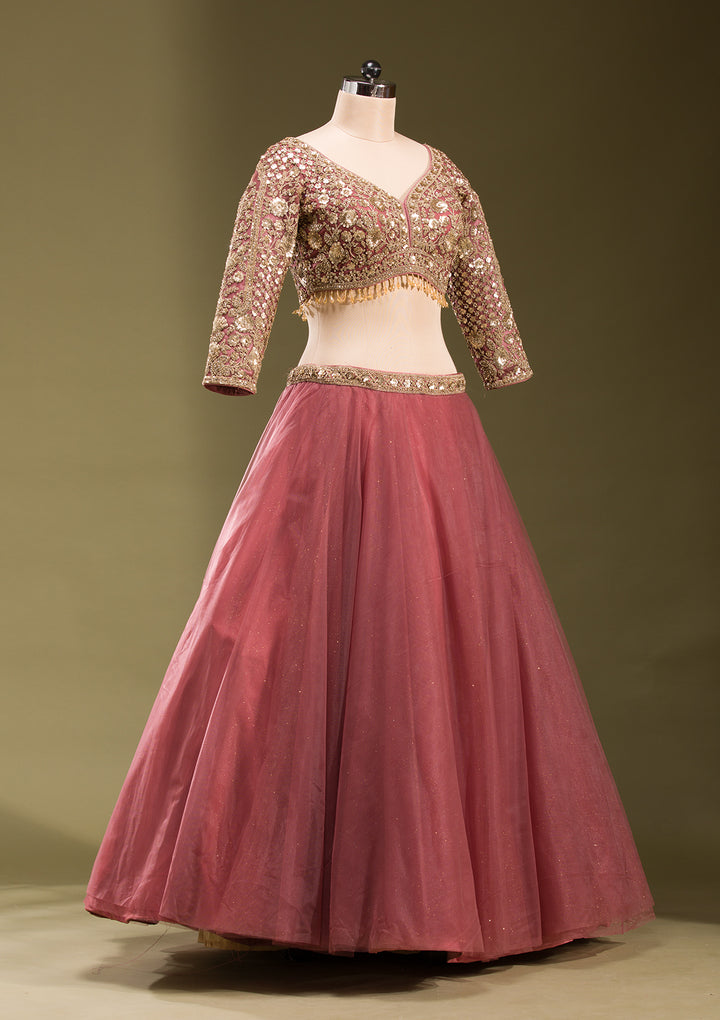 Onion Pink Sequins Net Readymade Lehenga