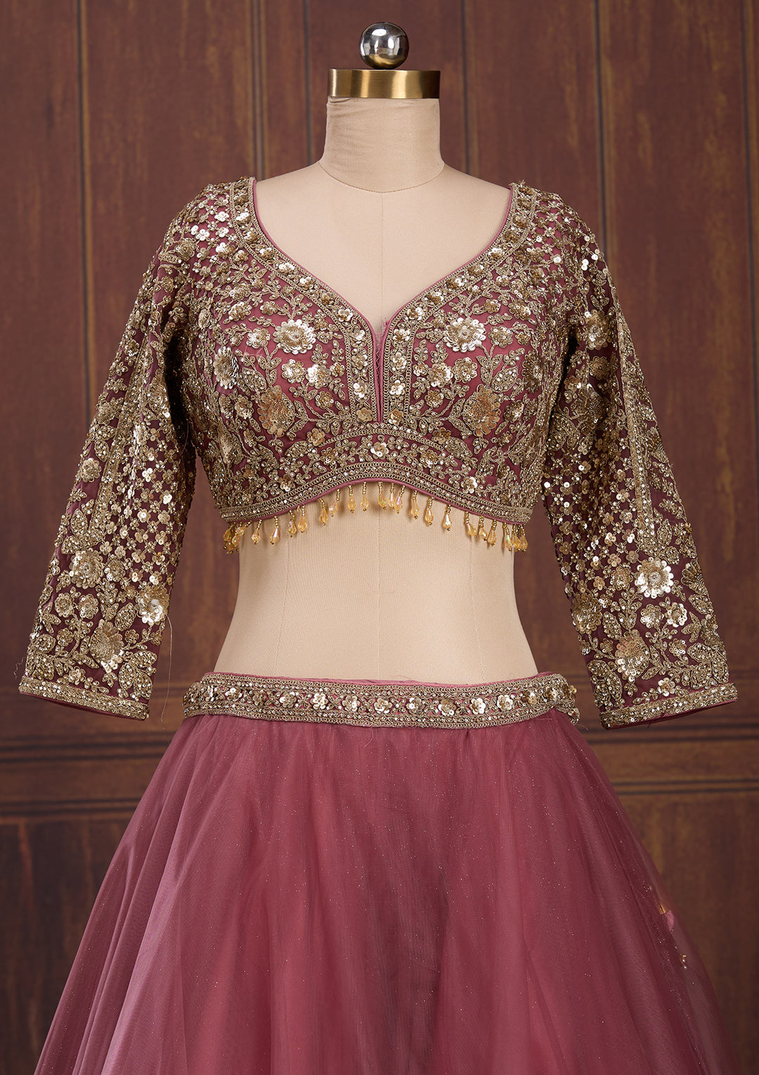 Onion Pink Sequins Net Readymade Lehenga