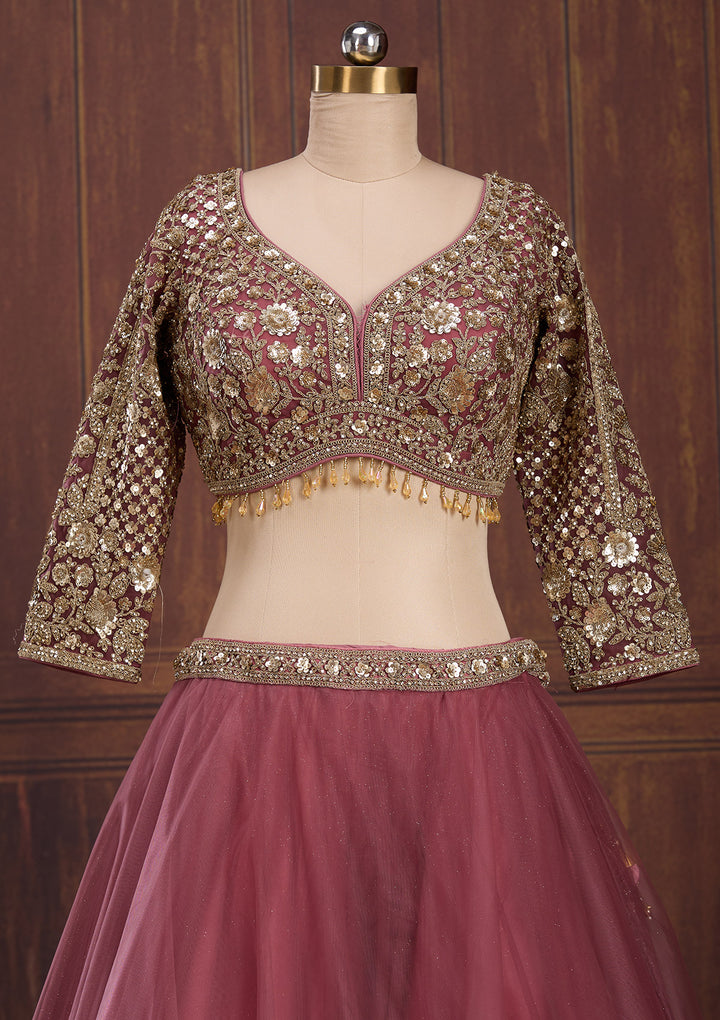 Onion Pink Sequins Net Readymade Lehenga