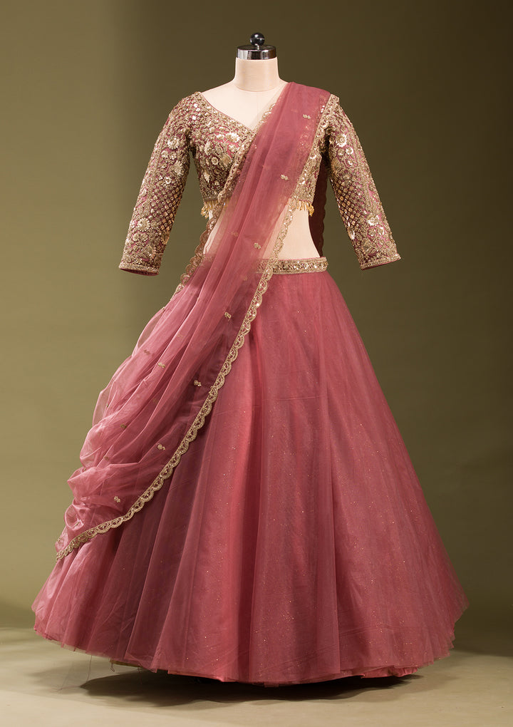Onion Pink Sequins Net Readymade Lehenga