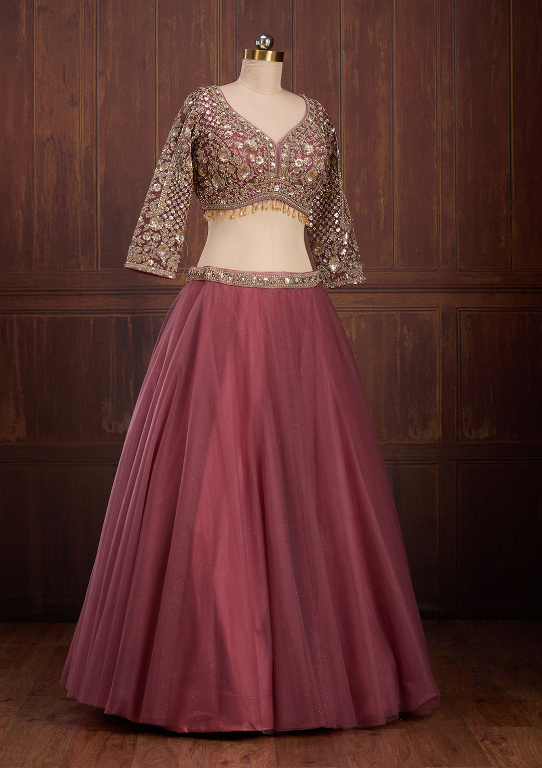 Onion Pink Sequins Net Readymade Lehenga