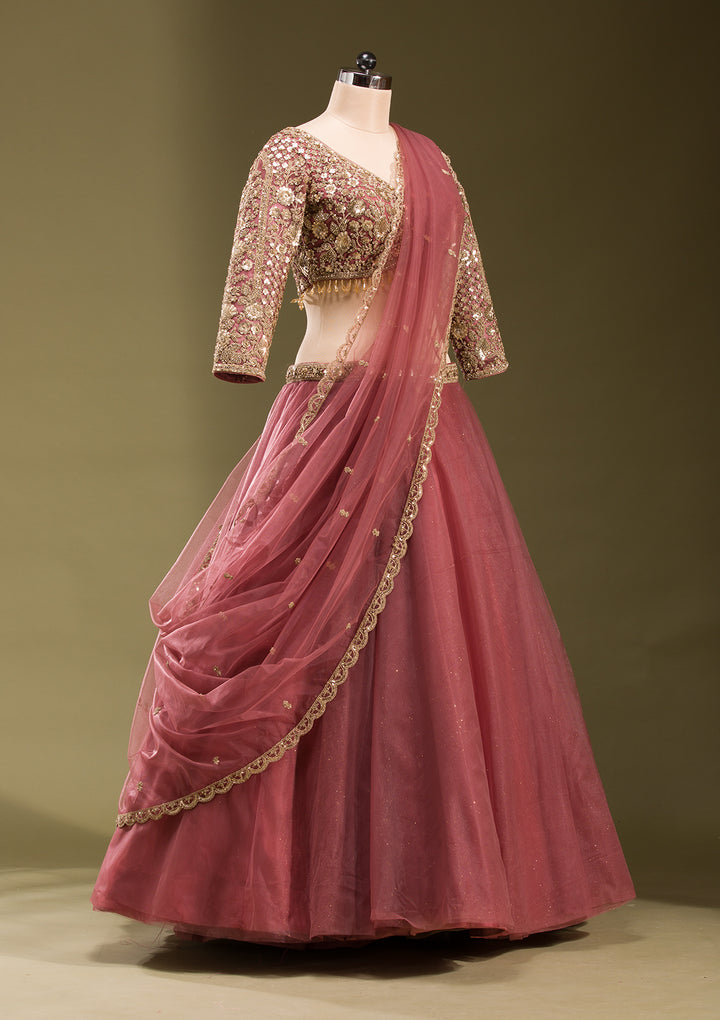 Onion Pink Sequins Net Readymade Lehenga