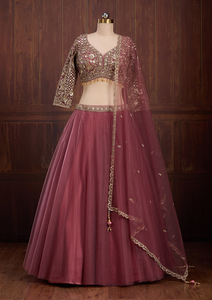 Onion Pink Sequins Net Readymade Lehenga