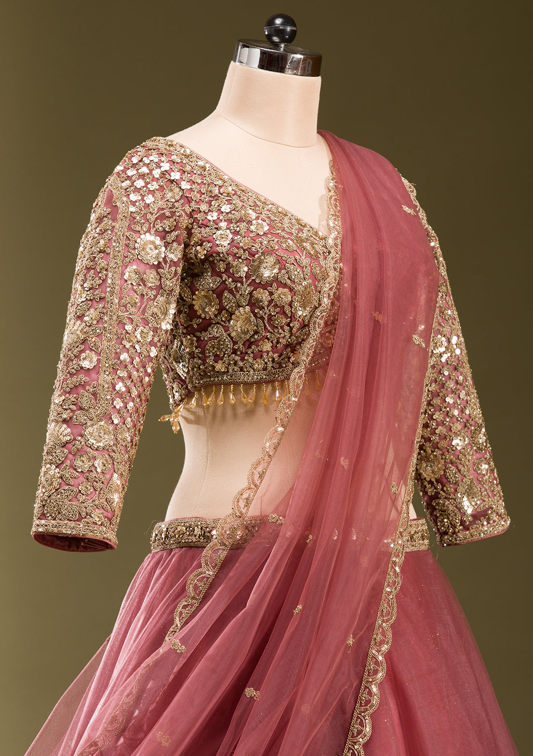 Onion Pink Sequins Net Readymade Lehenga
