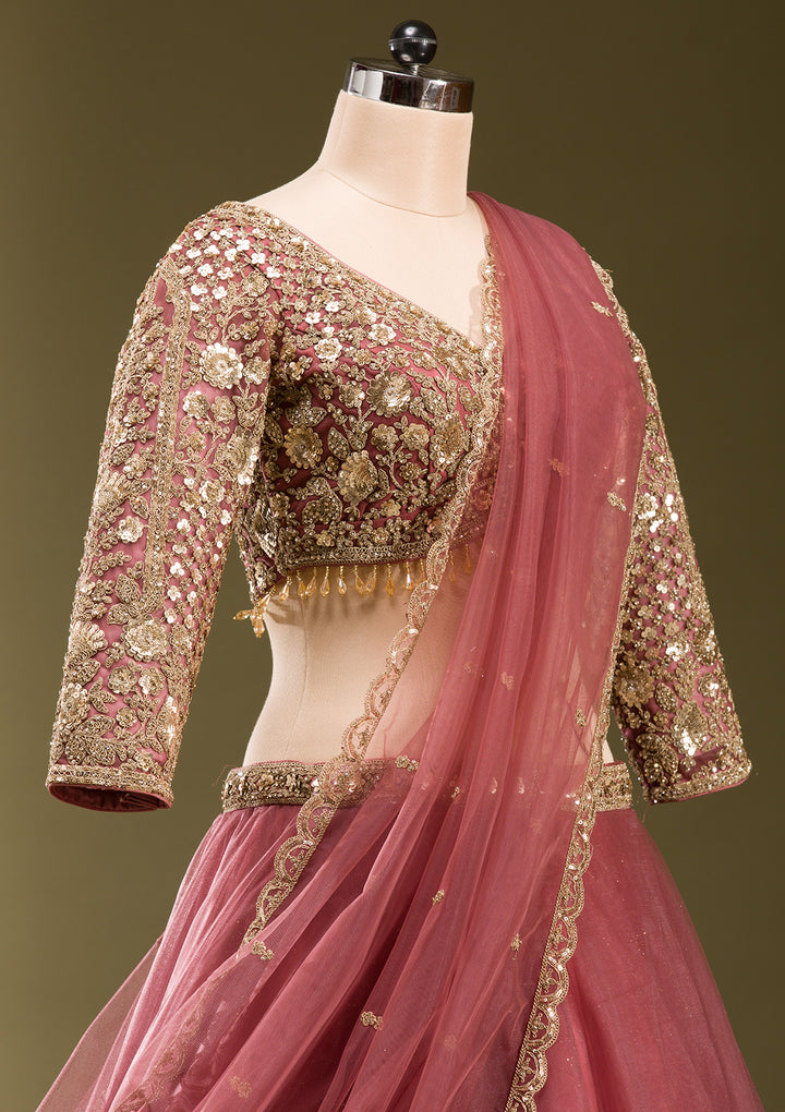 Onion Pink Sequins Net Readymade Lehenga