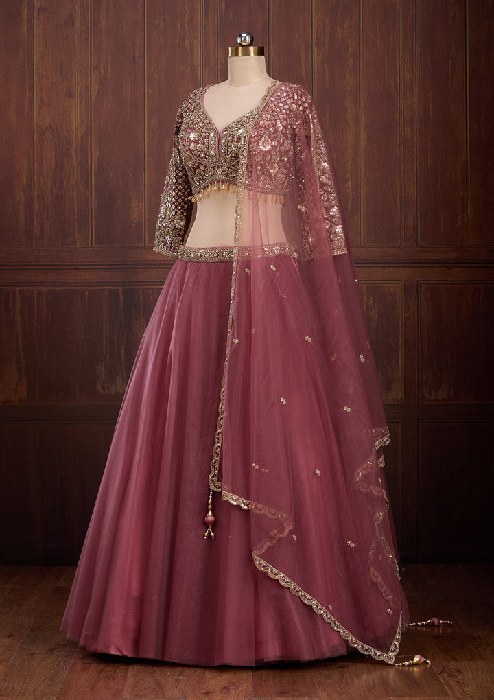 Onion Pink Sequins Net Readymade Lehenga