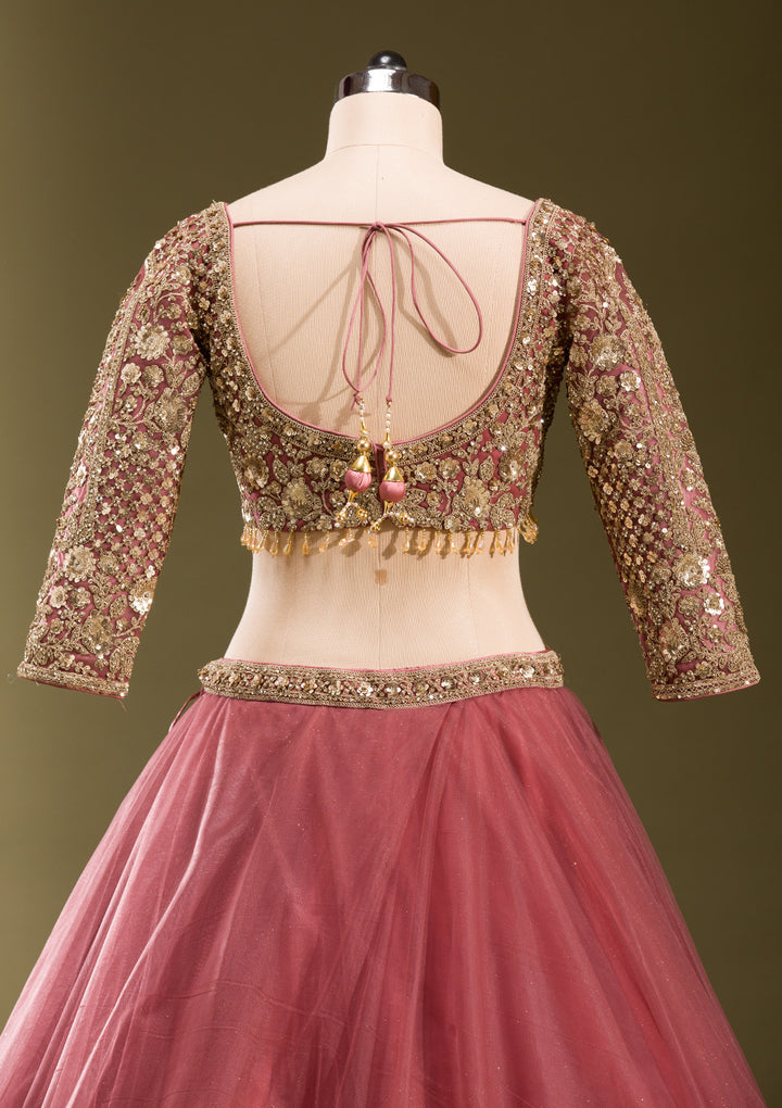 Onion Pink Sequins Net Readymade Lehenga