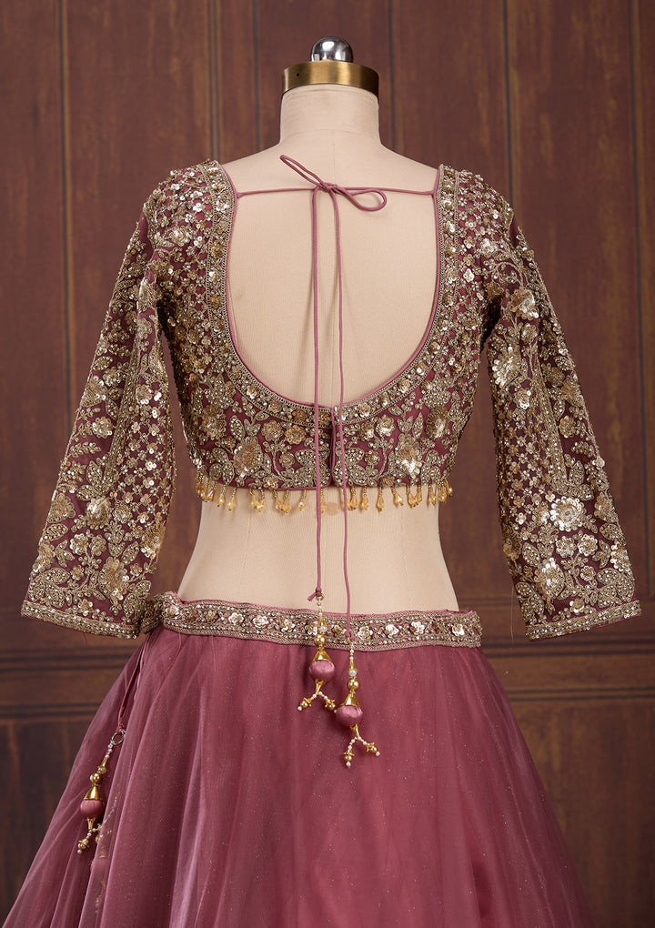 Onion Pink Sequins Net Readymade Lehenga
