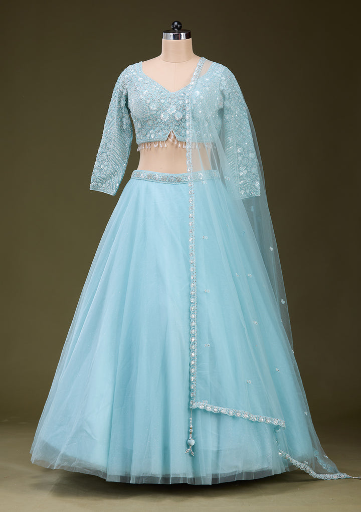 Sky Blue Silver Zariwork Net Readymade Lehenga