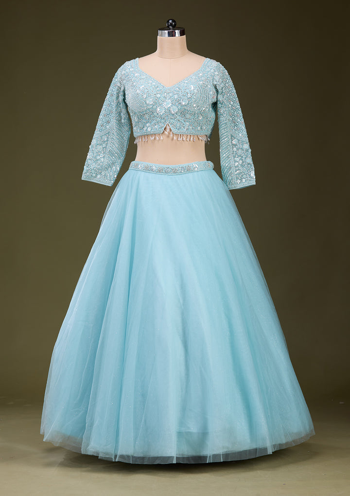 Sky Blue Silver Zariwork Net Readymade Lehenga