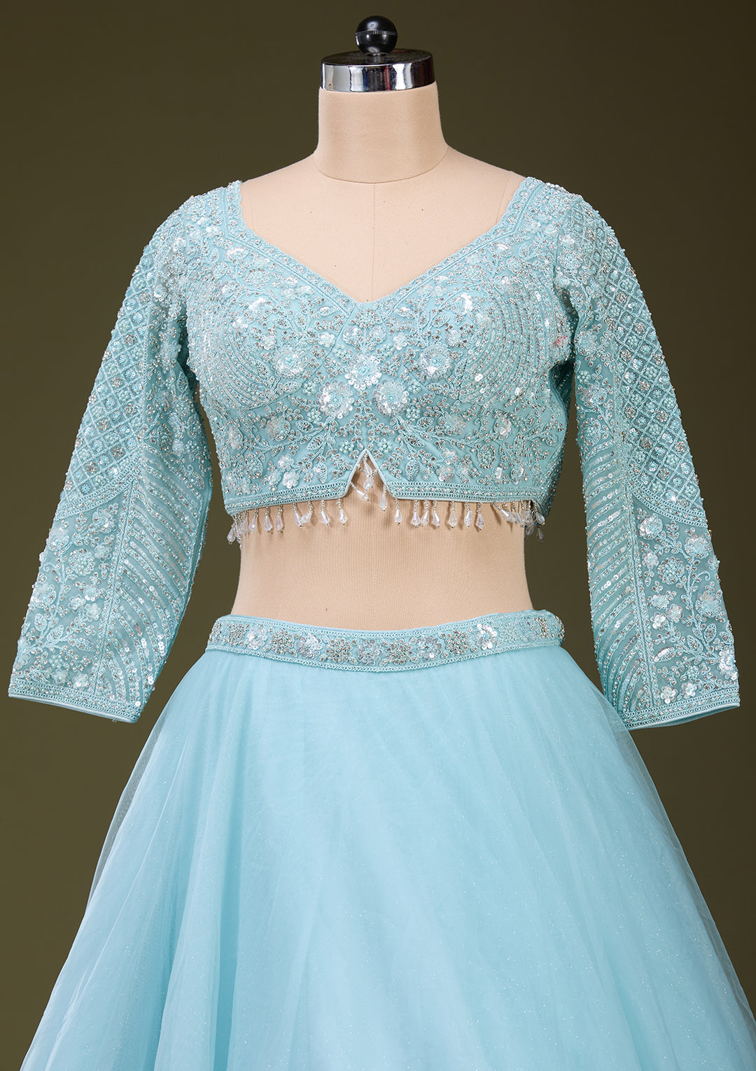 Sky Blue Silver Zariwork Net Readymade Lehenga