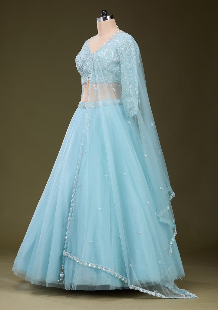 Sky Blue Silver Zariwork Net Readymade Lehenga
