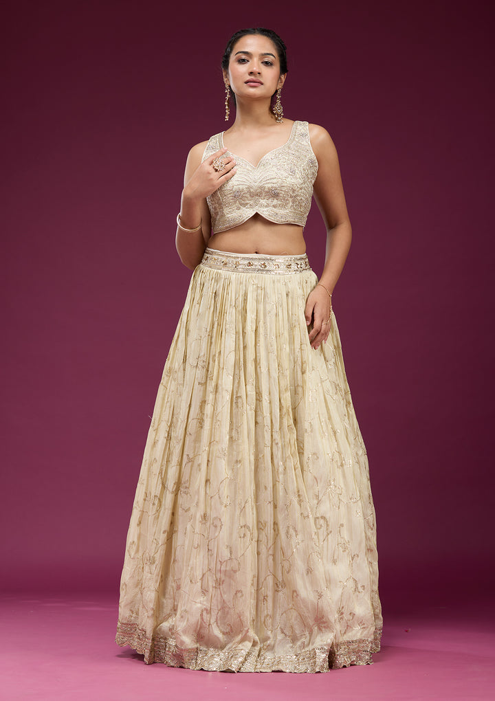 Cream Zariwork Semi Crepe Readymade Lehenga