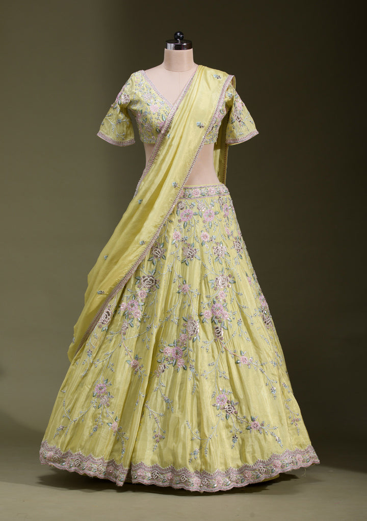 Yellow Zariwork Semi Crepe Readymade Lehenga