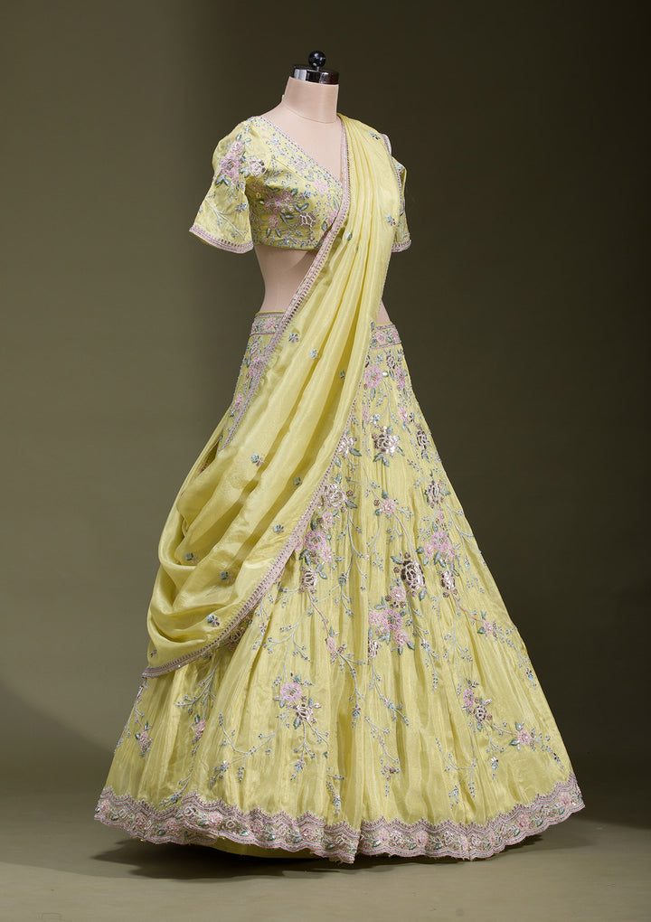 Yellow Zariwork Semi Crepe Readymade Lehenga