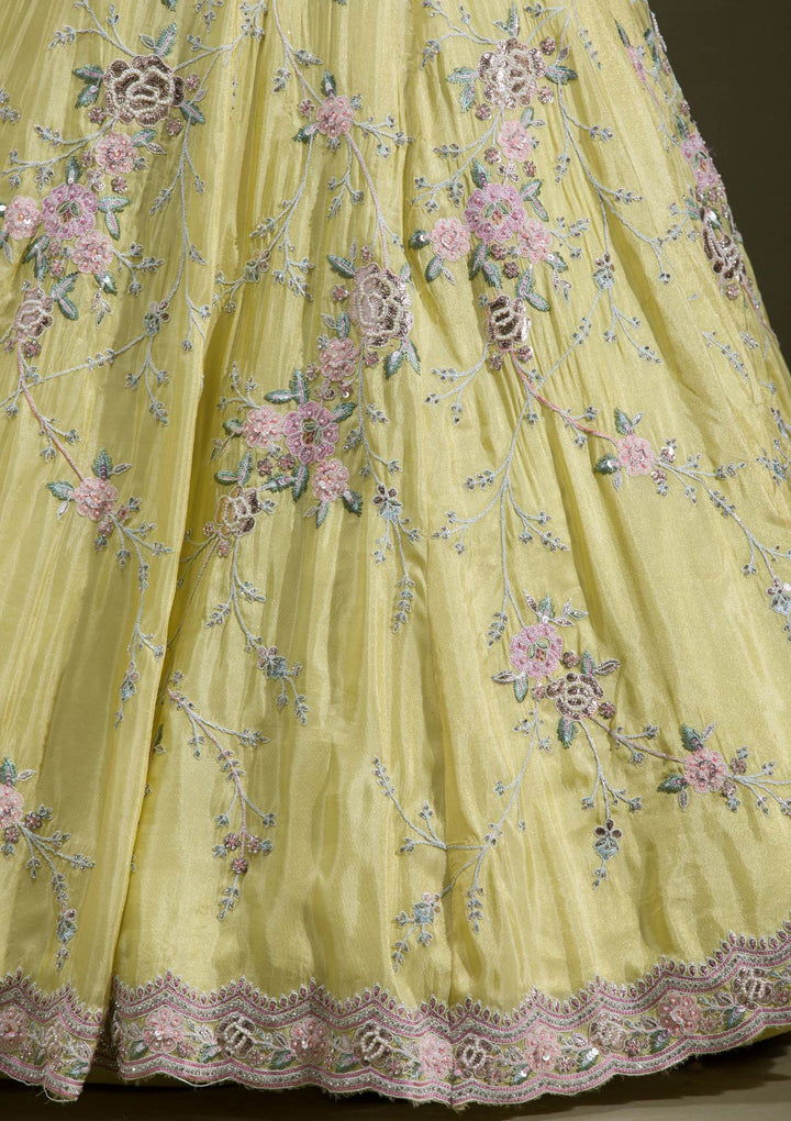 Yellow Zariwork Semi Crepe Readymade Lehenga
