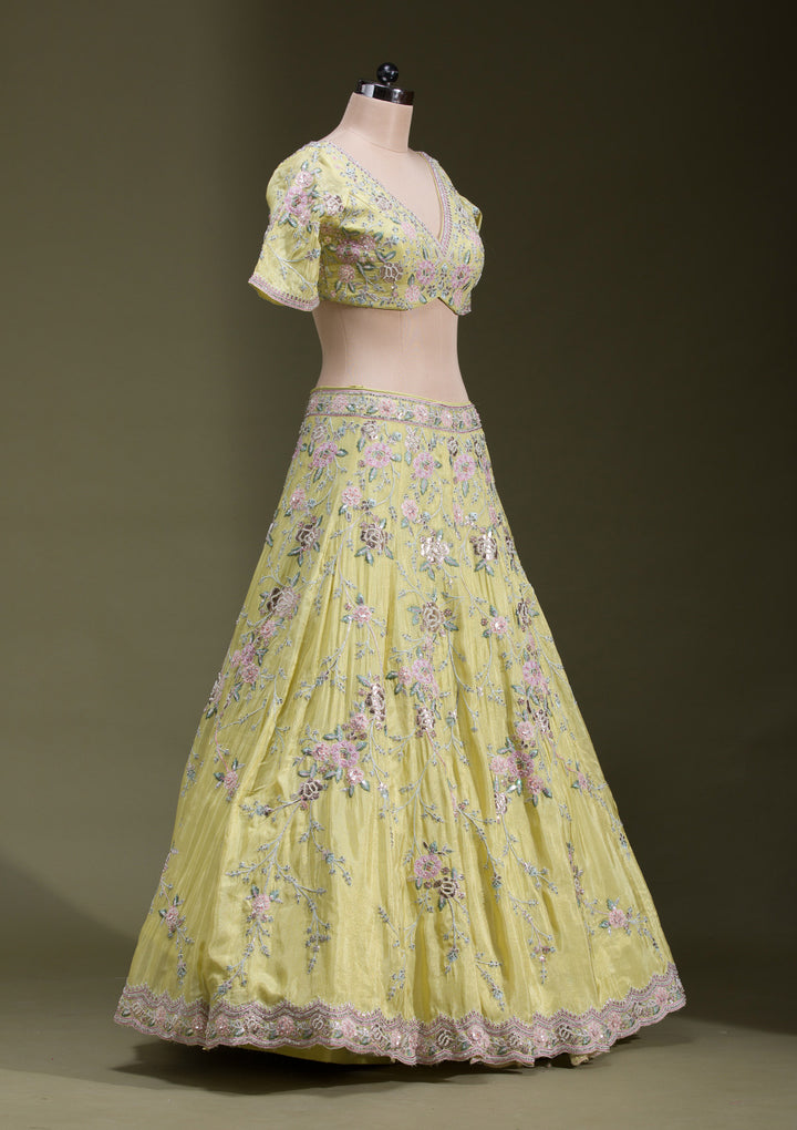 Yellow Zariwork Semi Crepe Readymade Lehenga