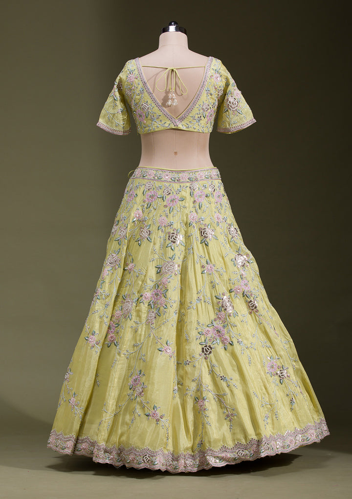 Yellow Zariwork Semi Crepe Readymade Lehenga