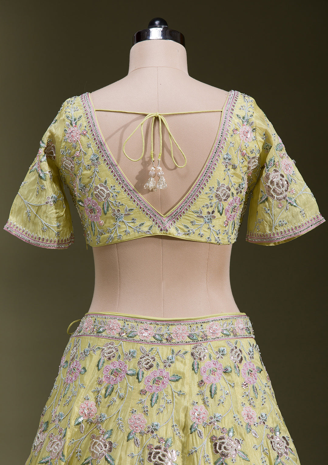Yellow Zariwork Semi Crepe Readymade Lehenga