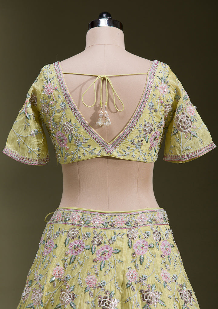 Yellow Zariwork Semi Crepe Readymade Lehenga