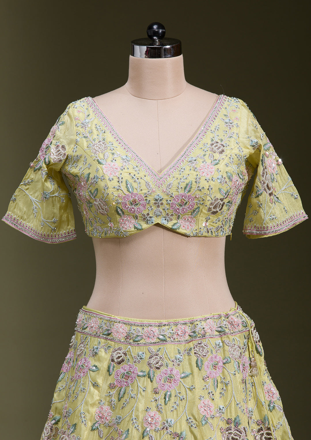 Yellow Zariwork Semi Crepe Readymade Lehenga