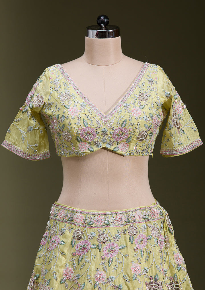Yellow Zariwork Semi Crepe Readymade Lehenga