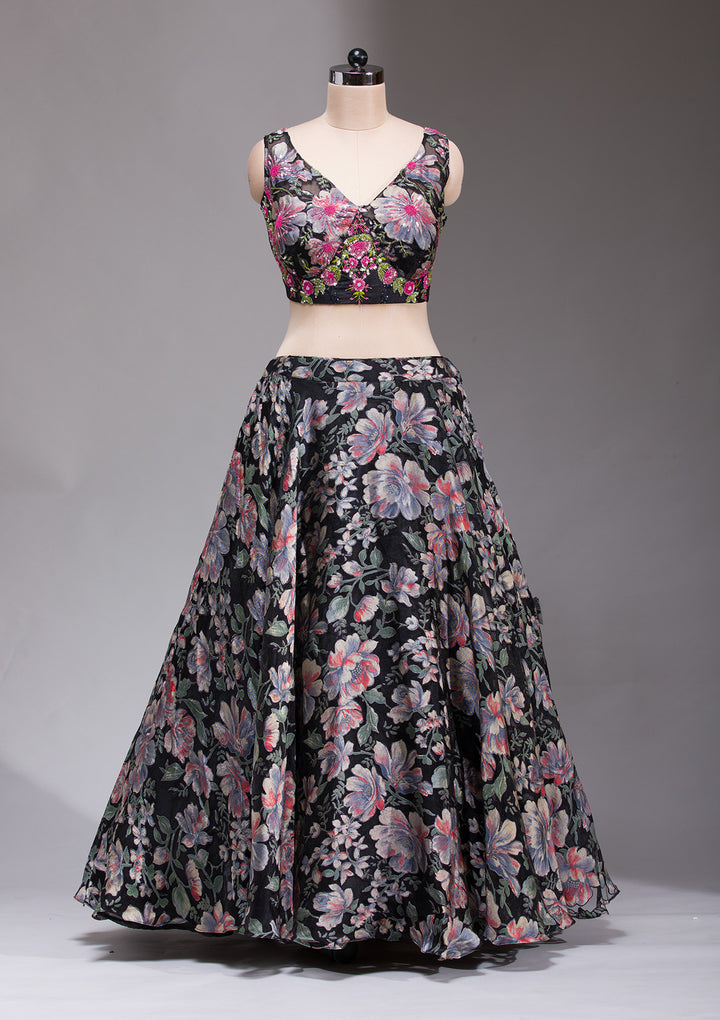 Black Stonework Tissue Readymade Lehenga