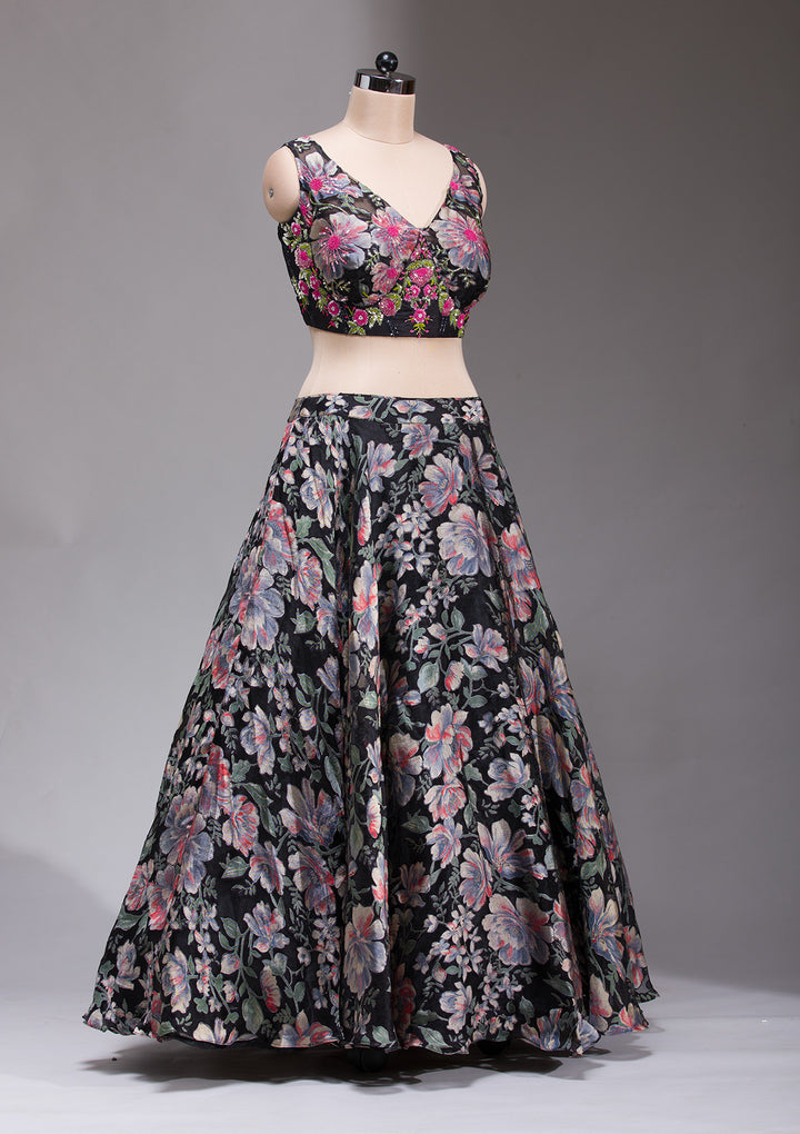 Black Stonework Tissue Readymade Lehenga