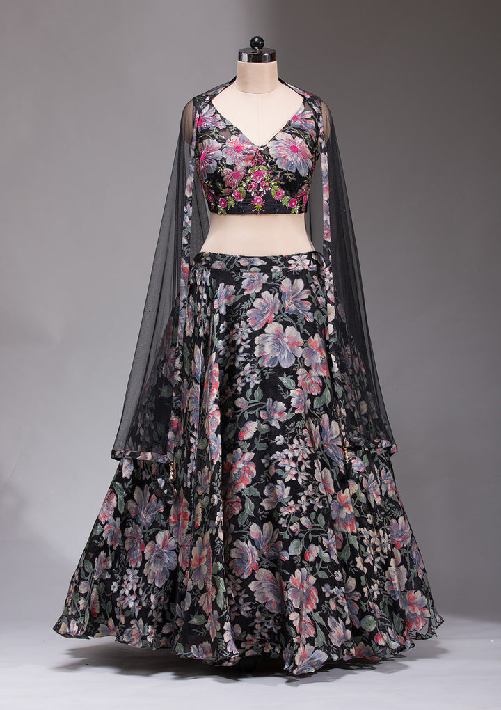Black Stonework Tissue Readymade Lehenga