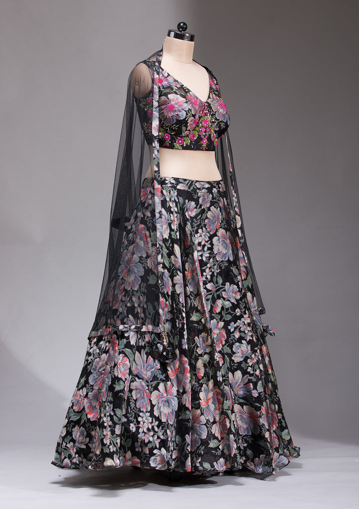 Black Stonework Tissue Readymade Lehenga