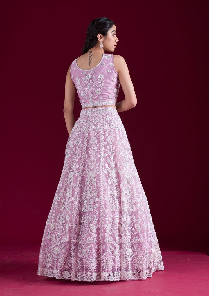 Baby Pink Threadwork Net Readymade Lehenga